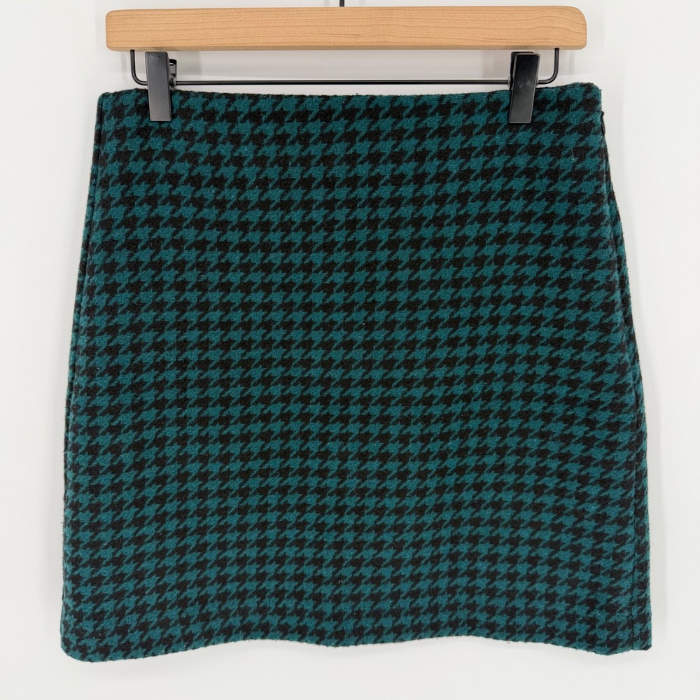 Loft‎ Green Black Houndstooth Wool Blend Mini Skirt Size 4 Side Zip Lined